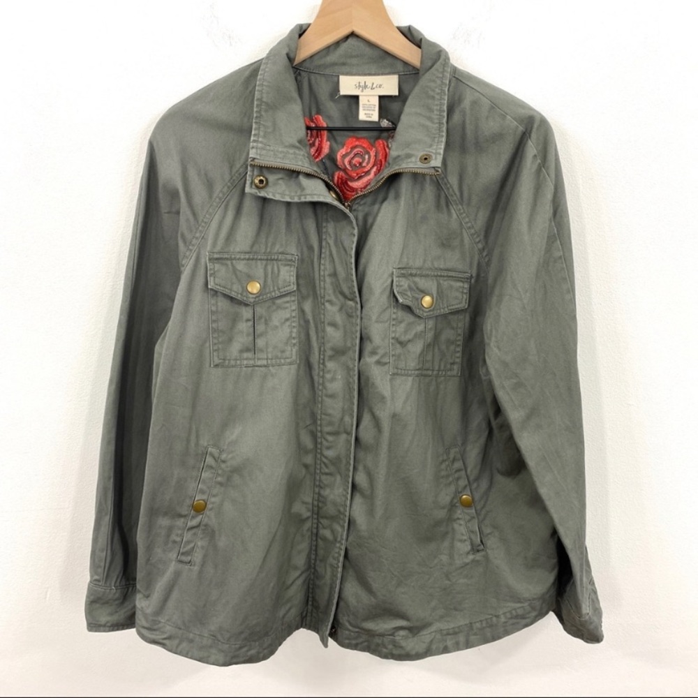 Style & Co Floral Embroidered Army Green Jacket - Picture 2 of 8